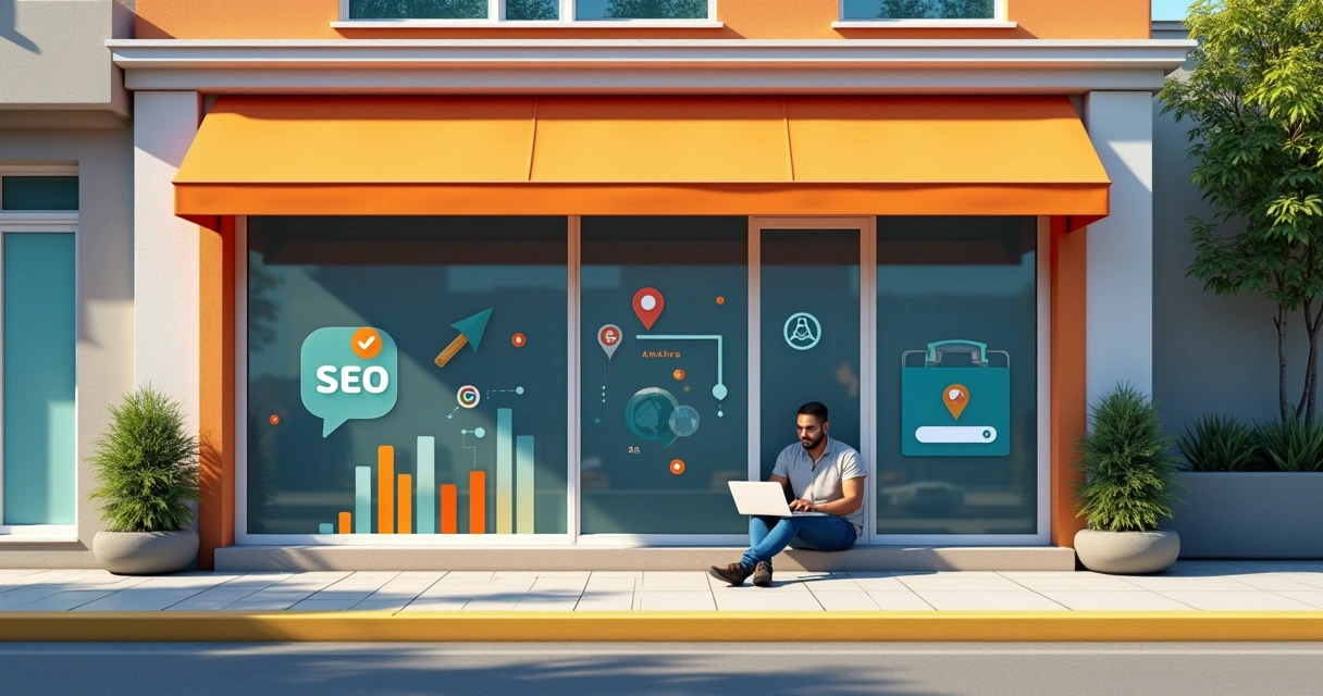Small local store owner using laptop outdoors with SEO charts and location symbols overlay