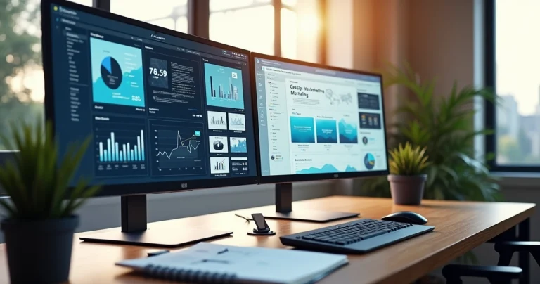 High-resolution photo of a modern workspace with multiple screens showing web design interfaces and digital tools
