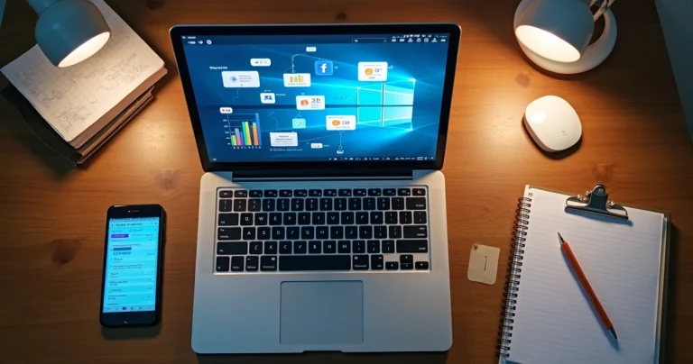 Top view of a desk with a laptop showing social media icons and charts, surrounded by notes and a smartphone