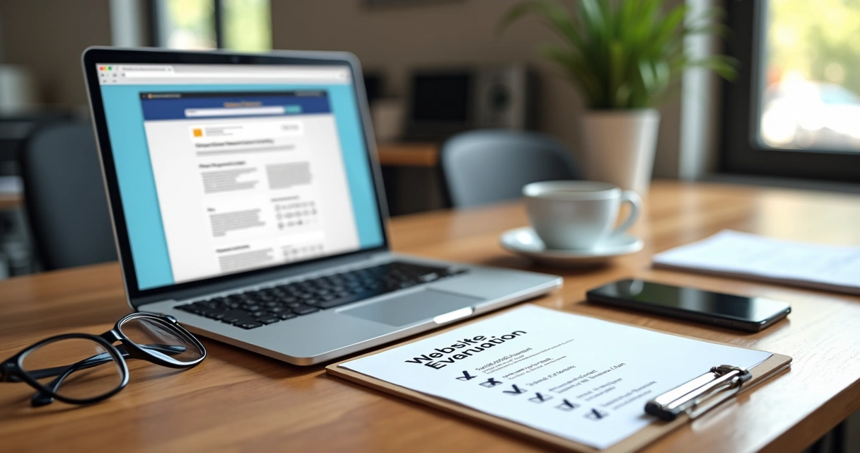 Checklist on a clipboard next to a laptop showing a website evaluation process