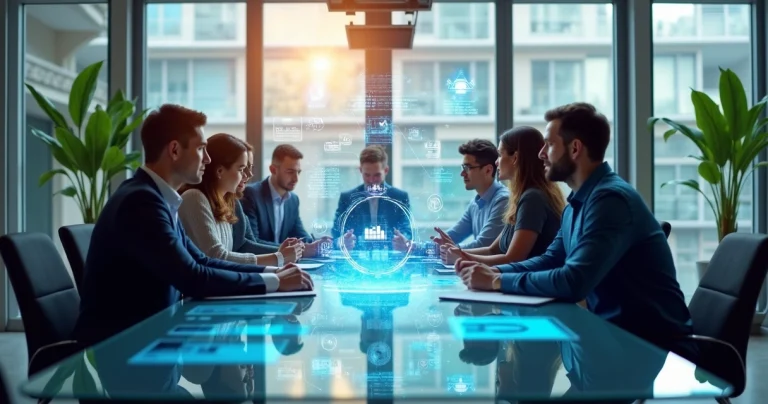 Business team meeting focused on client-centered strategy with digital charts and customer icons