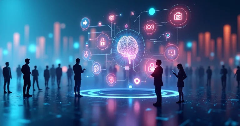Collage of digital marketing elements including user experience icons, social media, AI, and data privacy symbols
