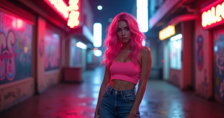 Realistic 90s style virtual influencer with bright dyed hair and retro outfit in urban setting with neon lights