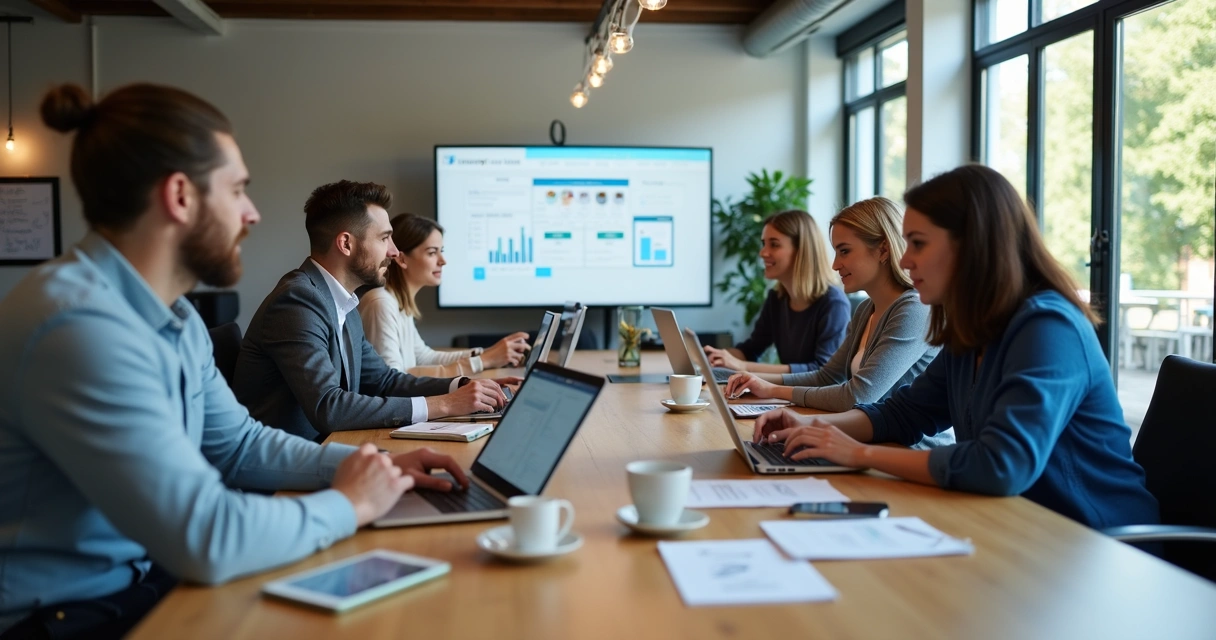 Equipe de profissionais reunida em escritório moderno trabalhando no desenvolvimento de site com computadores e anotações.