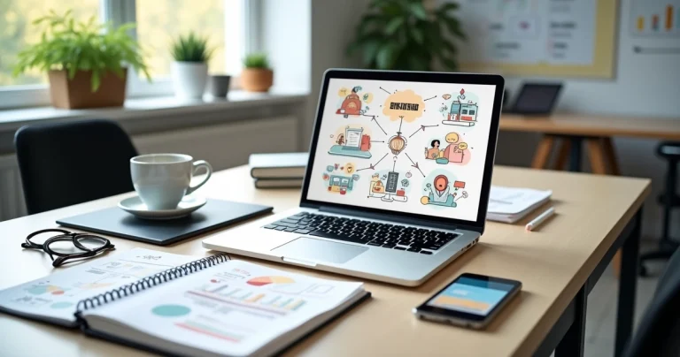 Mesa de escritório com materiais de branding, laptop e anotações de estratégias visuais para pequenos negócios
