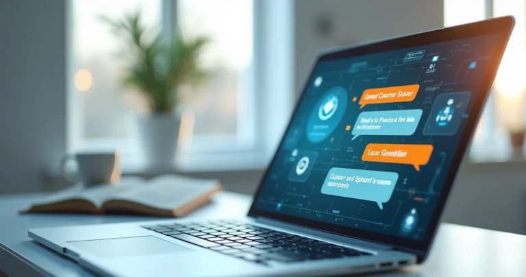 Interface digital de chatbot interagindo com usuário em laptop, ambiente moderno e tecnológico