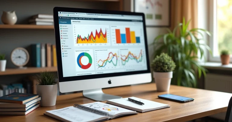 Mesa de trabalho com computador, cadernos e gráficos sobre palavras-chave no marketing digital