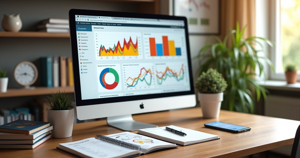 Mesa de trabalho com computador, cadernos e gráficos sobre palavras-chave no marketing digital