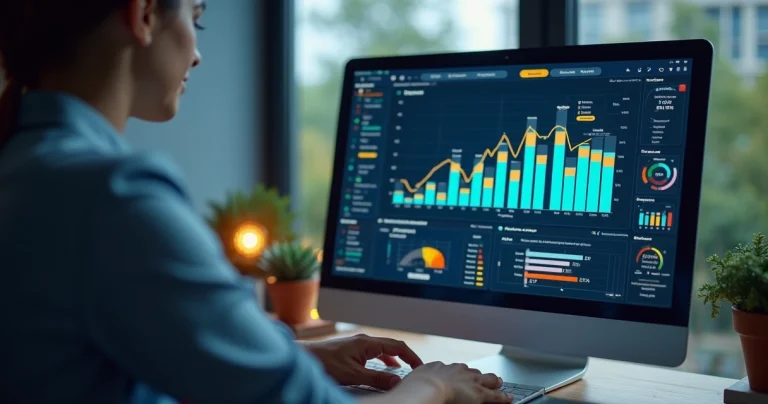 Profissional analisando dados de leads qualificados em computador com gráficos e métricas de marketing digital na tela