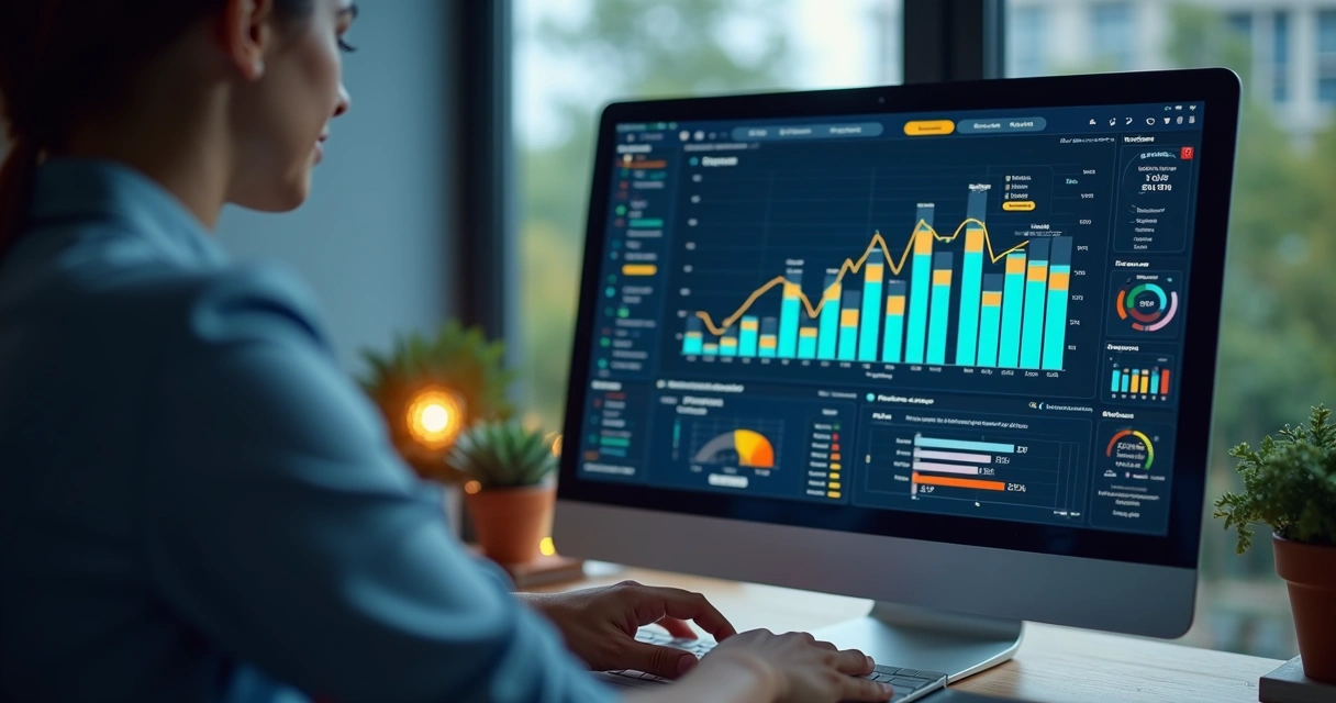 Profissional analisando dados de leads qualificados em computador com gráficos e métricas de marketing digital na tela