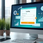 Computador exibindo uma landing page com formulário de captura, botão em destaque e gráficos de conversão ao redor