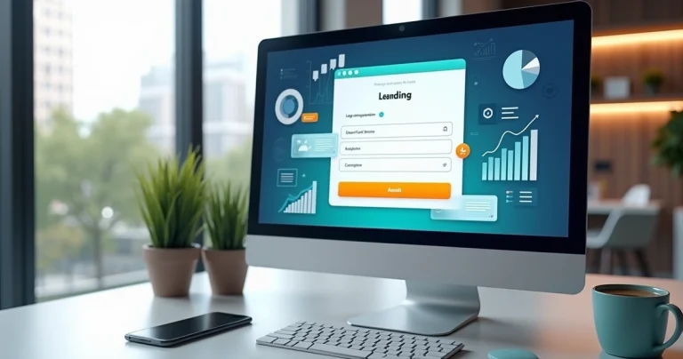 Computador exibindo uma landing page com formulário de captura, botão em destaque e gráficos de conversão ao redor