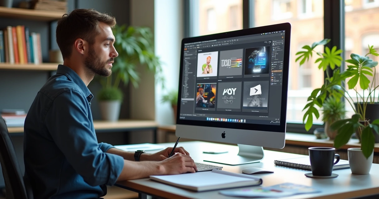 Profissional designer trabalhando em escritório moderno com computador e esboços de design