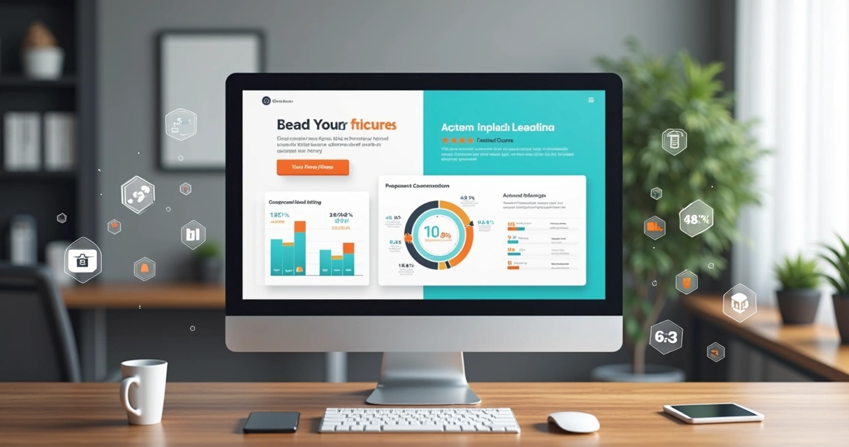 Tela de computador exibindo uma landing page responsiva com gráficos, formulários e botões de chamada para ação destacados