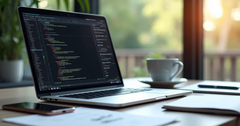 Mesa de trabalho moderna com notebook mostrando editor de código, smartphone com site responsivo e anotações organizadas