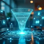 Fluxo detalhado de geração de leads com funil de vendas e ferramentas digitais ilustradas