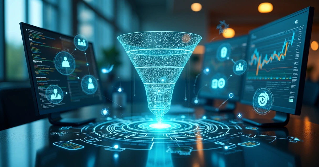 Fluxo detalhado de geração de leads com funil de vendas e ferramentas digitais ilustradas