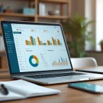 Mesa com laptop aberto mostrando painel de gestão de ecommerce, ao redor tablets, smartphone, cadernos, e canetas, ambiente moderno e iluminado
