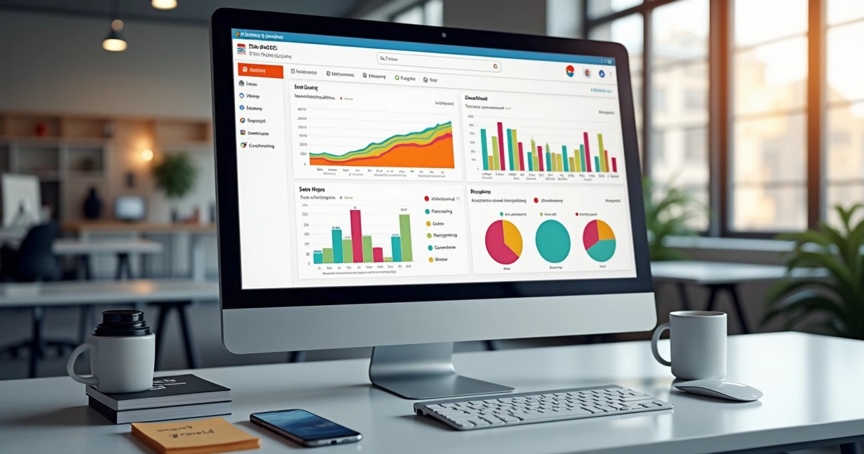 Tela de computador exibindo dashboard de loja virtual com gráficos de vendas e produtos