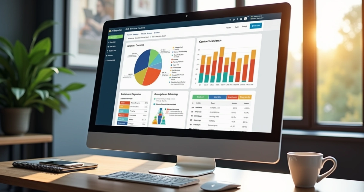 Tela de computador mostrando painel do Mailchimp com gráfico de desempenho e lista de contatos segmentados