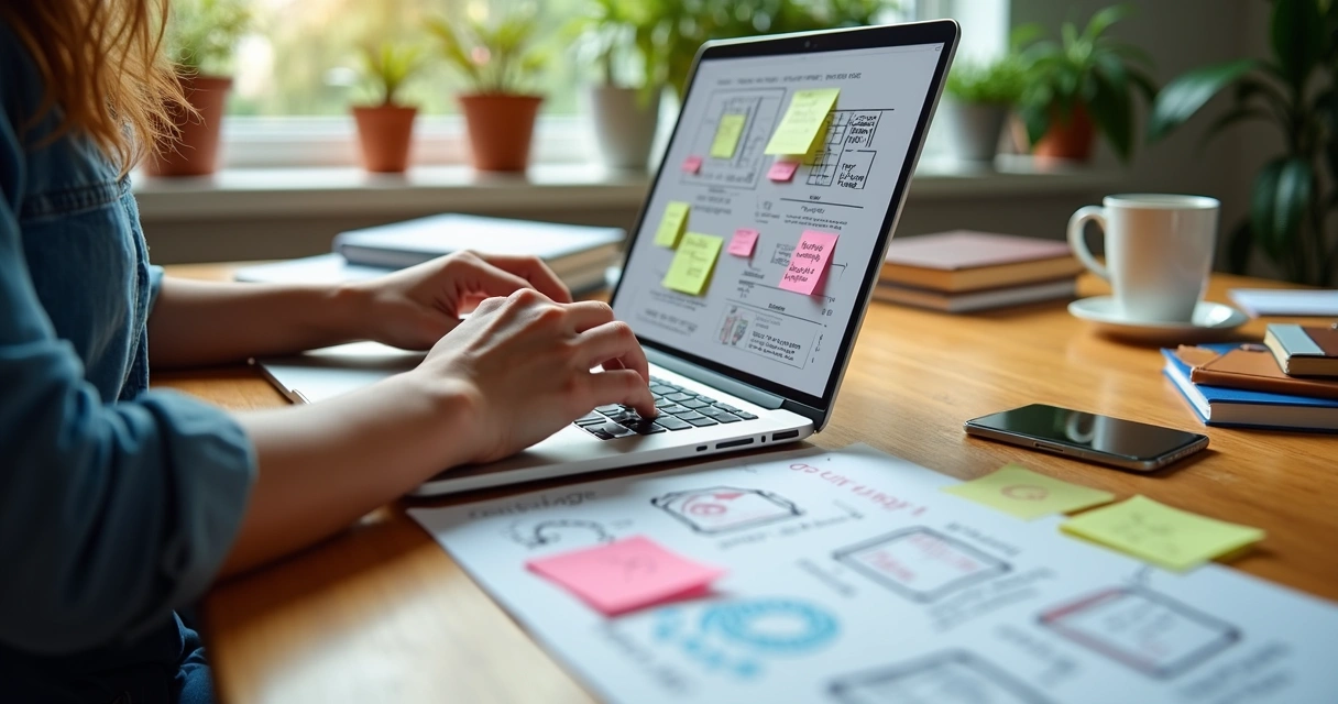 Pessoa escrevendo em laptop com anotações sobre copywriting e gatilhos mentais ao redor