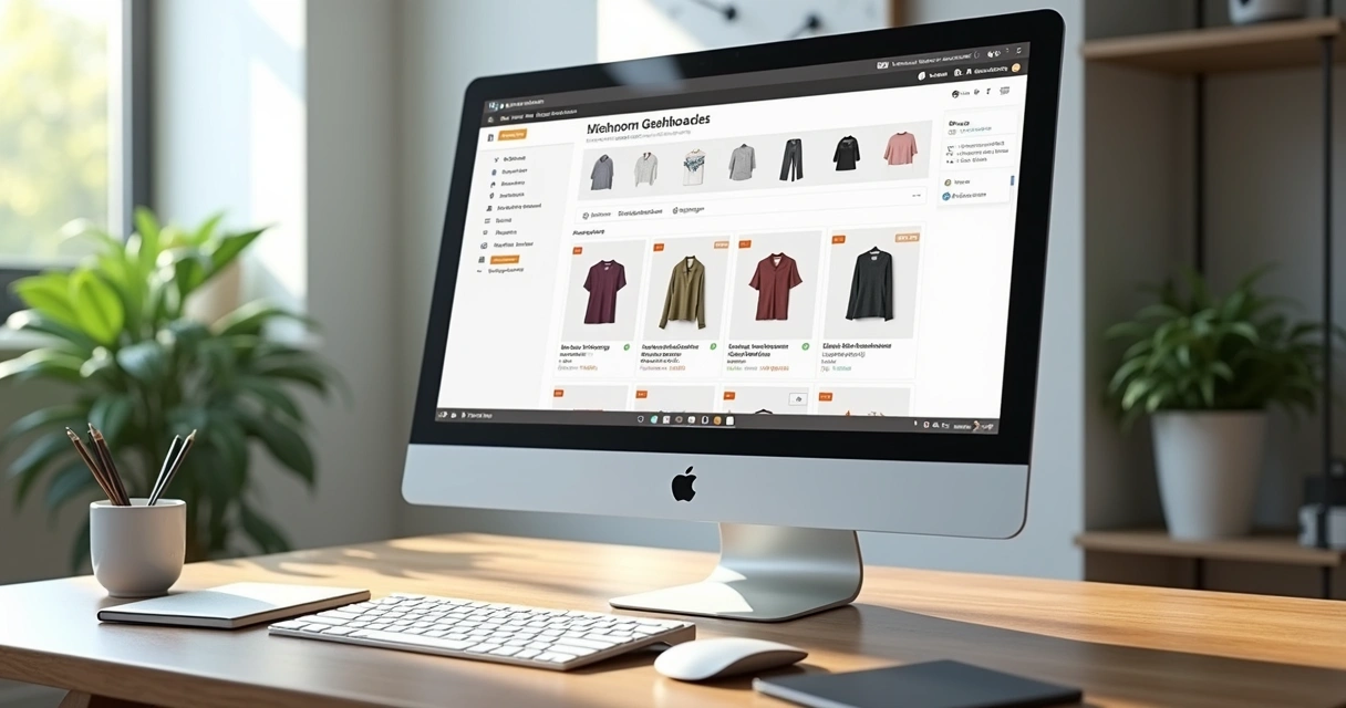 Computador com tela exibindo painel de criação de loja virtual, teclado e ambiente de trabalho moderno
