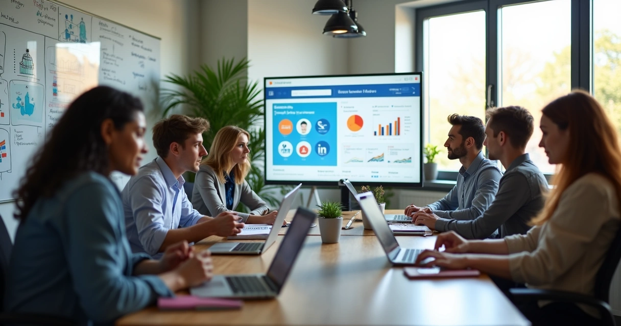 Equipe discutindo estratégias de marketing digital para pequenas empresas em ambiente de escritório moderno