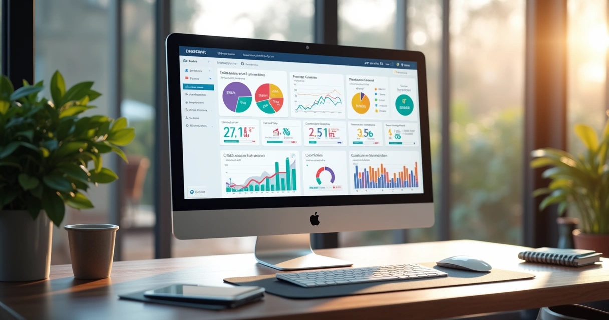 Tela de computador mostrando painel de CRM com gráficos, lista de clientes e estatísticas detalhadas