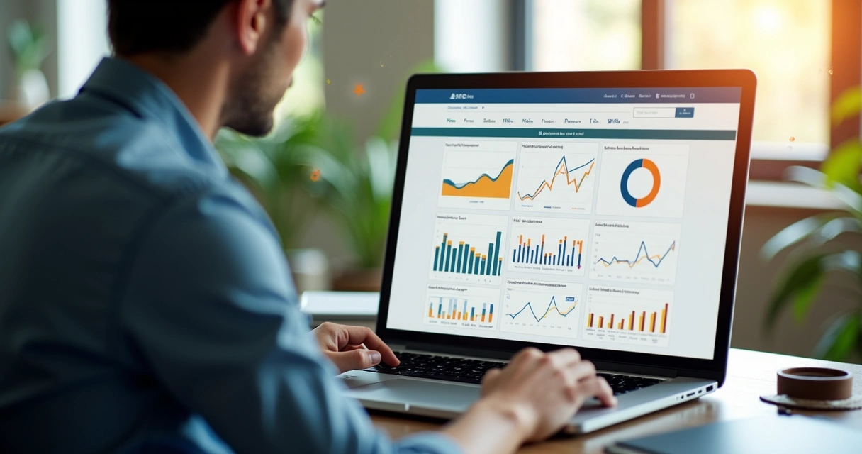 Pessoa usando computador com tela exibindo gráficos de vendas e dados de clientes organizados por CRM