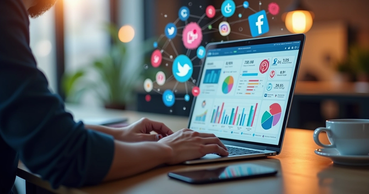 Profissional de social media trabalhando em computador com gráficos e redes sociais na tela