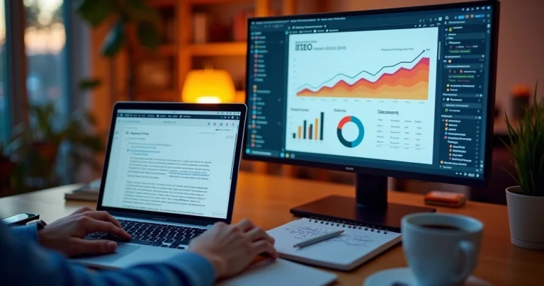 Pessoa atualizando blog em laptop com gráficos de SEO em alta no monitor