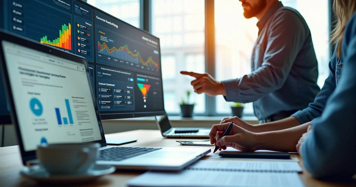 Equipe de marketing analisando blog corporativo em tela grande com gráficos de conversão