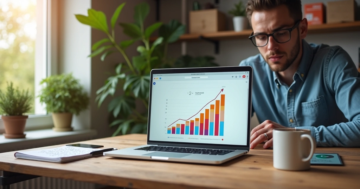 Empresária usando notebook para gerenciar blog de pequena empresa com gráficos de tráfego em alta