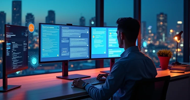 Empresário usando painel de chatbot com ícones de plataformas digitais