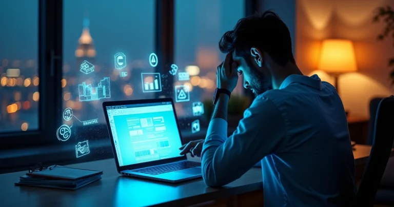 Empresário confuso criando site com IA em notebook cercado por ícones de erro