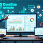 Painel com gráficos de marketing digital e profissionais analisando métricas de performance