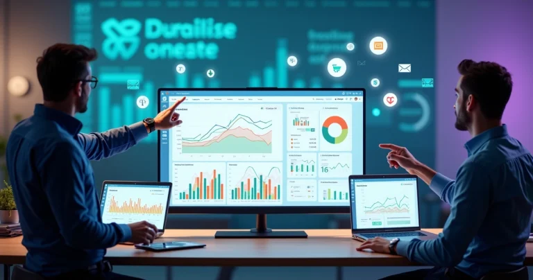 Painel com gráficos de marketing digital e profissionais analisando métricas de performance