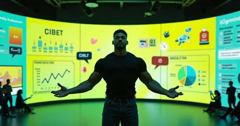 Toguro em cenário de marketing digital com memes e logotipo da Cimed ao fundo