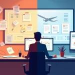 Painel de vendas desorganizado contrastando IA e CRM organizados em estilo ilustrado