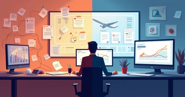 Painel de vendas desorganizado contrastando IA e CRM organizados em estilo ilustrado