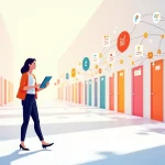 Profissional caminhando por corredor com portas de buscas de IA