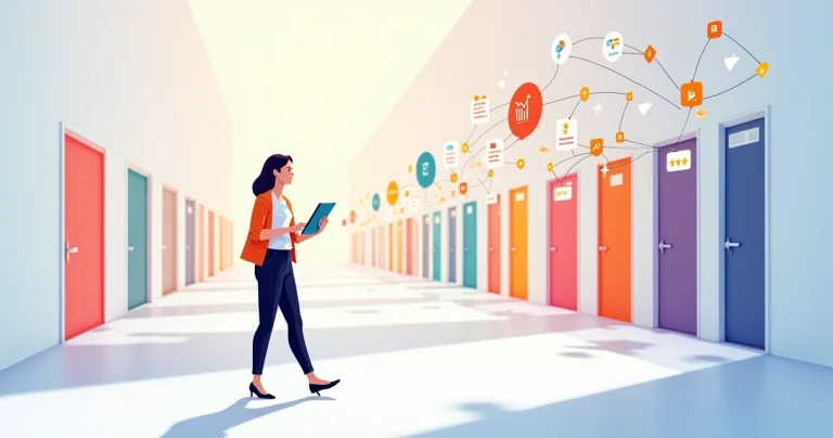 Profissional caminhando por corredor com portas de buscas de IA