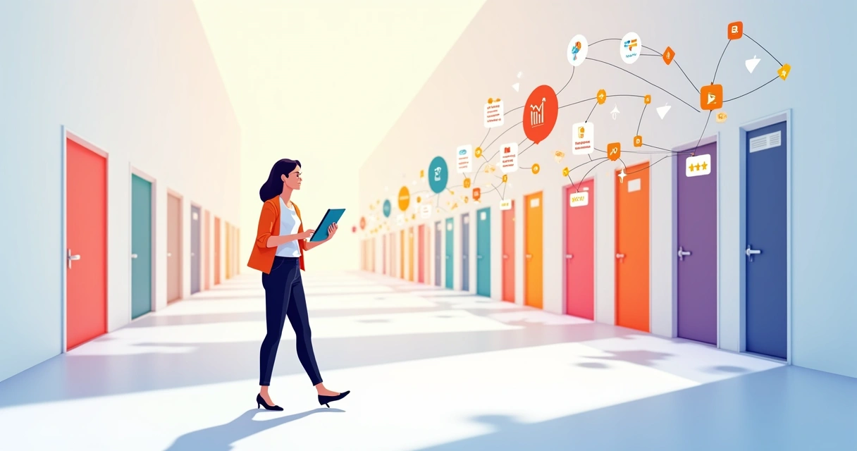 Profissional caminhando por corredor com portas de buscas de IA