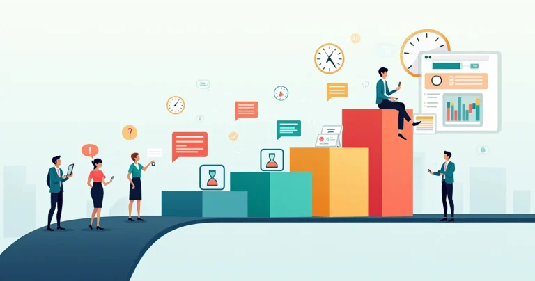 Funil de vendas abstrato com cartões atrasados cercados por relogios e alertas visuais