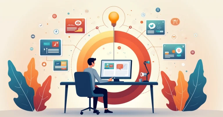 Ilustração de profissional usando IA para coordenar marketing em múltiplos canais digitais em 2026