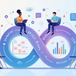 Painel central ligando times de marketing e vendas com dados fluindo em loop