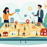 Mapa ilustrado de planejamento de marketing conduzindo pequena empresa ao crescimento