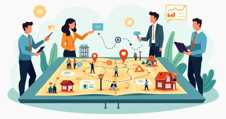 Mapa ilustrado de planejamento de marketing conduzindo pequena empresa ao crescimento