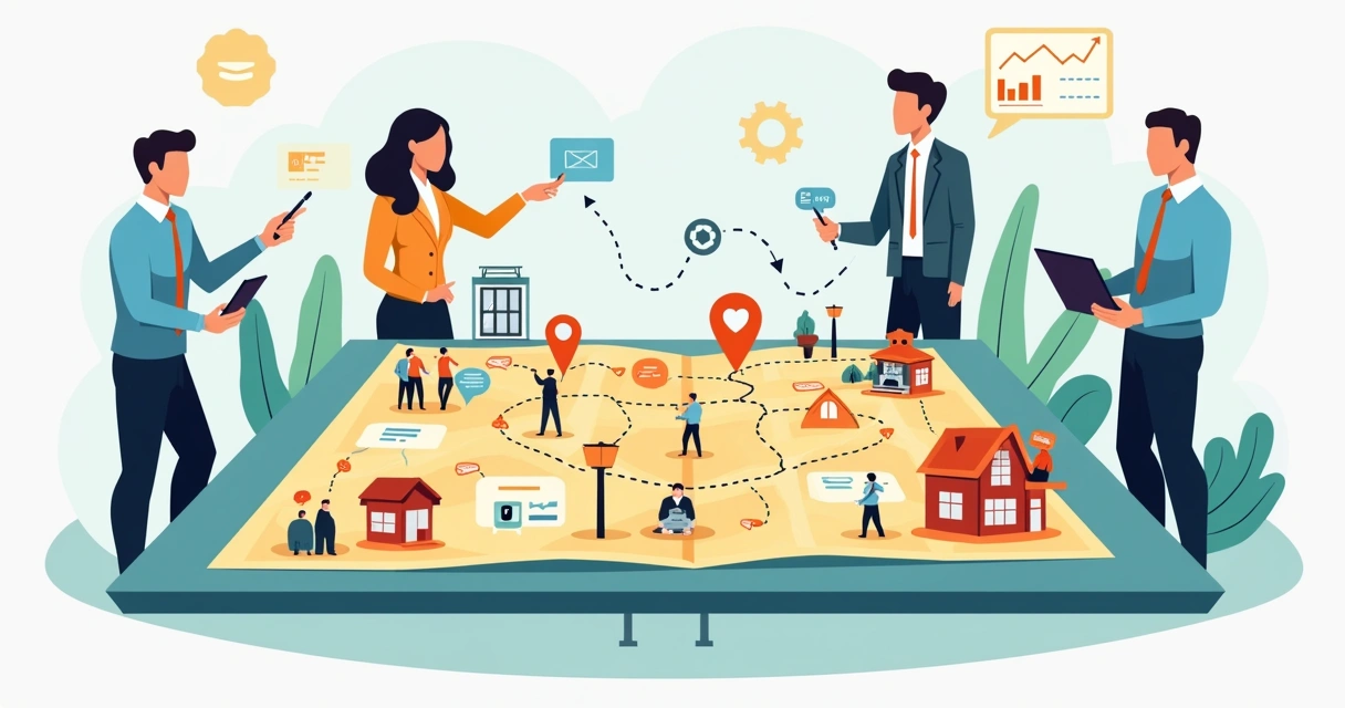 Mapa ilustrado de planejamento de marketing conduzindo pequena empresa ao crescimento