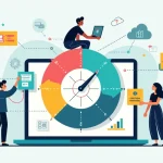 Equipe de pequena empresa construindo painel de marketing em formato de bússola digital